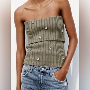 Zara Khaki Off-Shoulder Sweater with Floral Accents